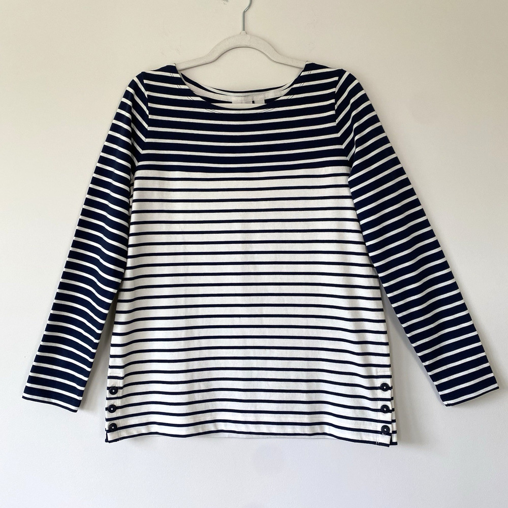 LL Bean Top Womens Size M Blue White Striped Cotton Breton Fisherman Coastal